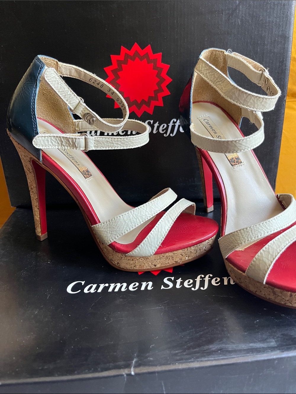 Carmen Steffens Red and Cream Patent Leather Cork Platform Stiletto Sandals